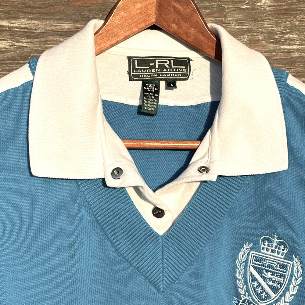 Lauren Ralph Lauren Vintage V-Neck Collared Embroidered Knit Deep Ocean Blue  L - Picture 2 of 12